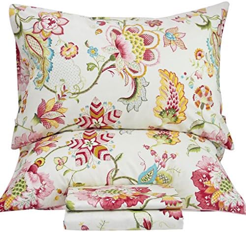 QSH Floral Bed Sheets Set - Queen Size Boho Lotus Print Bed Sheet Set - Extra Soft and Breathable 100% Egyptian Cotton - Farmhouse Bedding - 4 pcs Deep Pockets Flower Bed Sheets-1200 Thread Count