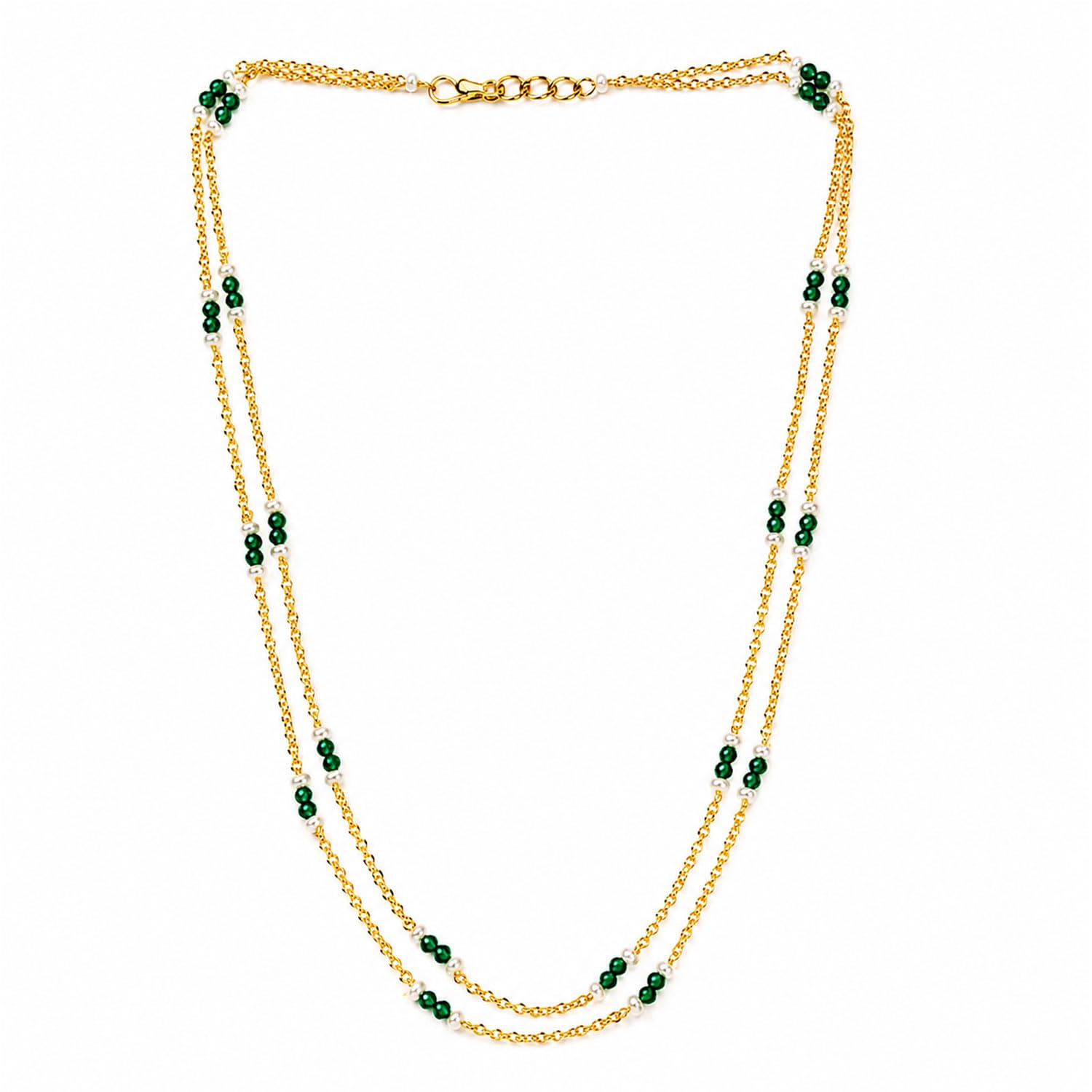 vama FASHIONS 18K Gold Plated Anti Tarnish Double Layered Neck Chain Small Green Beads White Pearl Necklace Multi Strand Layering Necklace For Women & Girls-picture-16