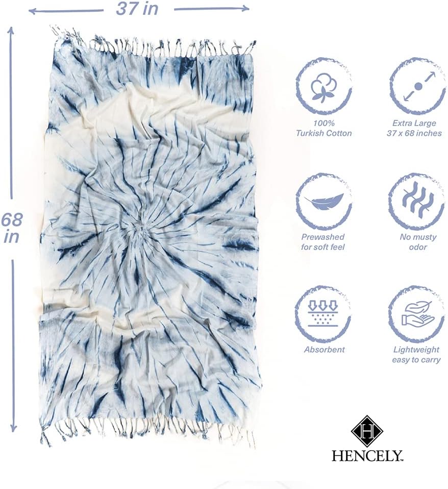 Hencely Tie Dye Beach Towel, 37 x 68 Inches, 100% Cotton Soft Absorbent Turkish Beach Towels for SPA, Pool, Gym and Bathroom (Azure)