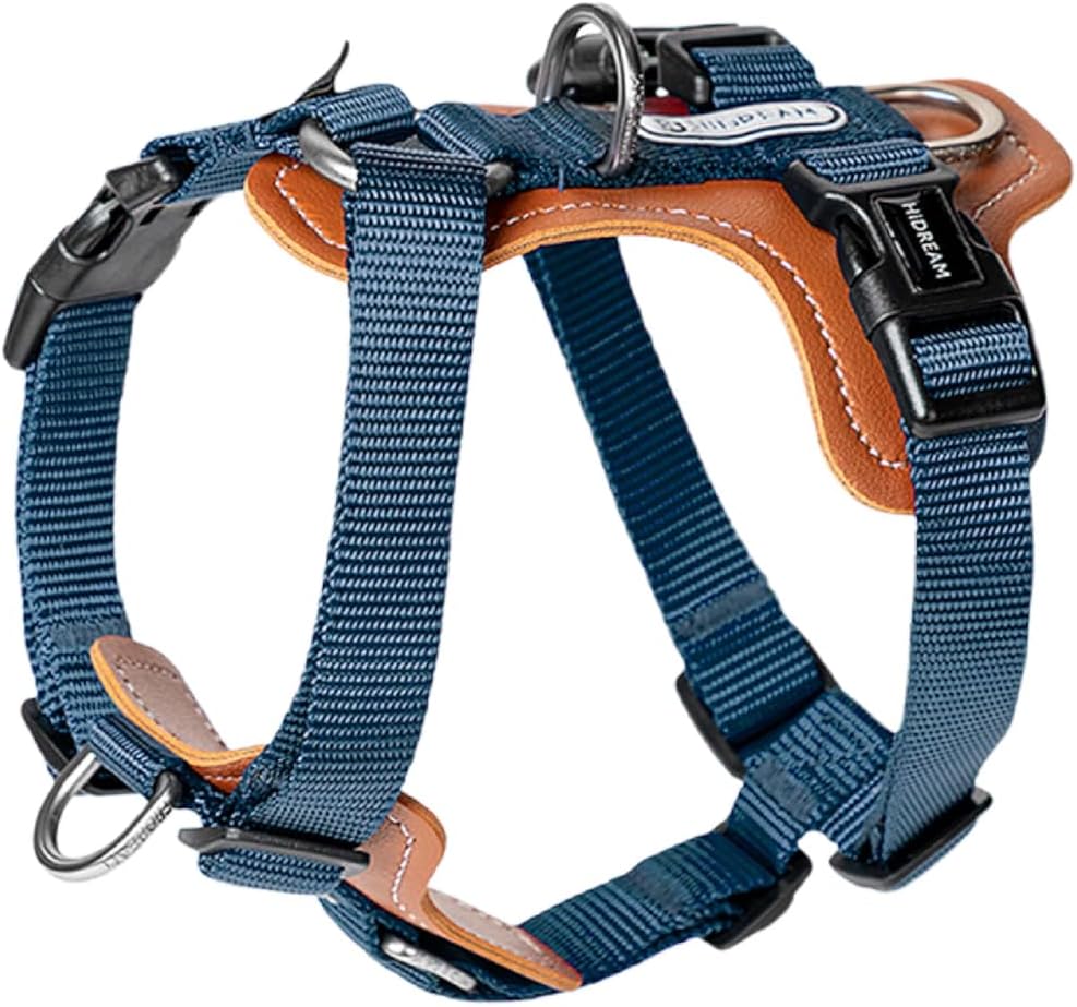 Nylon Vegan Leather Adjustable H-Shape Dog Harness (Dark Blue, M)