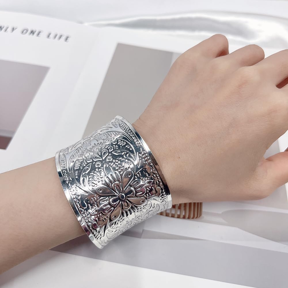 OIDIMS Bohemian Flower Cuff Bracelet for Women Vintage Gypsy Wide Bangle Open Wrap Wrist Jewelry Exaggerated Statement Arm Cuff Boho Punk Jewelry for Best Friend - Image 2