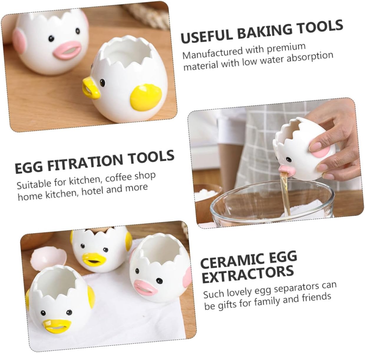 2 Pcs Ceramic Egg Extractors Practical Filtration Tools for Baking Cute Cartoon Chicken Design Convenient Egg Yolk Separator Kitchen Gadget Low Water Absorption (Pink + Yellow, 1