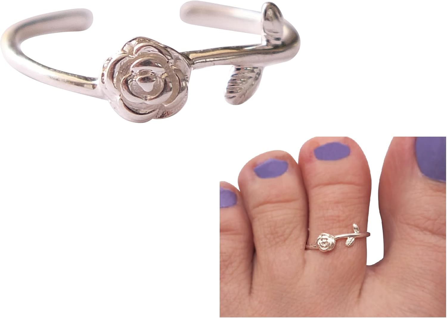 Handmade Silver Rose Flower Blossom Adjustable Toe Ring, 925 Sterling Silver, Floral Elegant Dainty Open Toe, Pinky or Knuckle Rings for Women, By MiYa Jewelry Creations