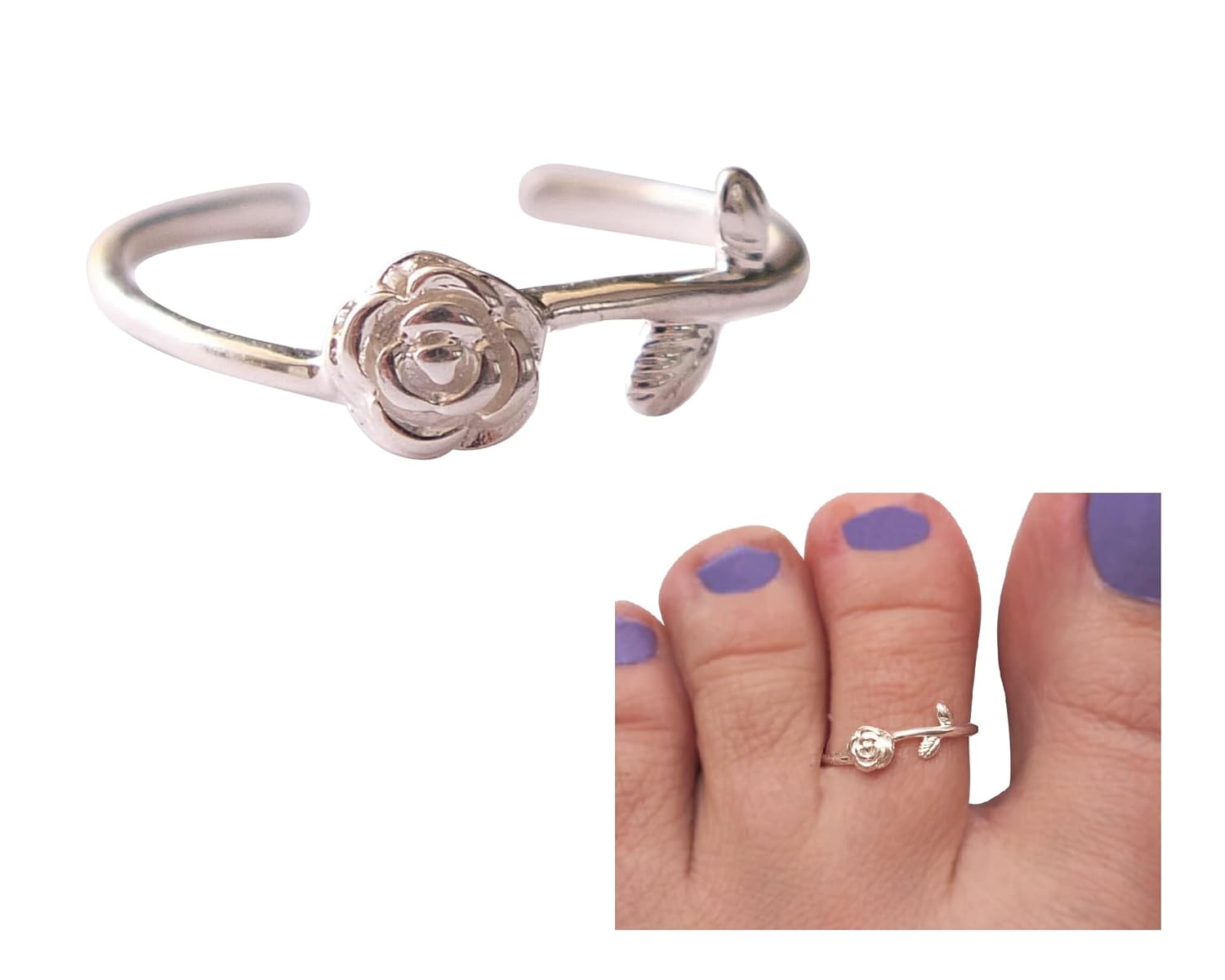 MiYa Jewelry Handmade Rose Flower Toe Ring, Sterling Silver