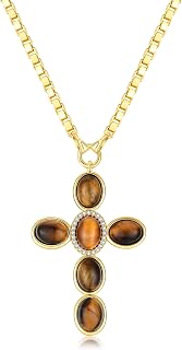 NUZON Tiger Eye Cross Necklace for Women Oval Yellow Gemstone Pendant Necklace Adjustable 18k Gold Plated Box Chain Necklace Powerful Healing Protection Jewelry 18’’