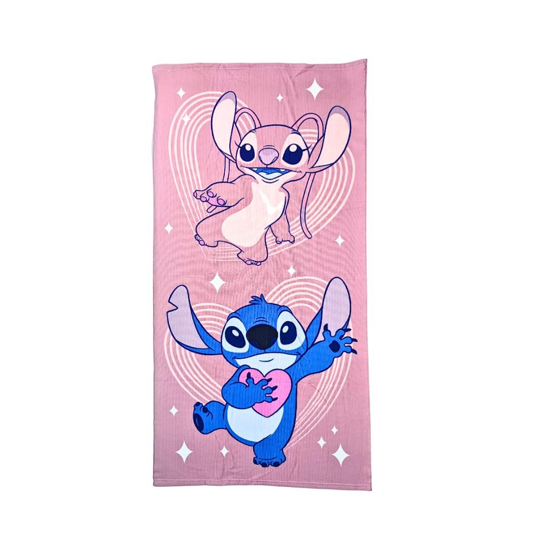 My Sweety Pop Stitch And Angel - Pink - Stitch Beach Towel – Bath Towel – Lilo And Stitch – Children's – 70 X 140 Cm – 100% Polyester – Holiday – Gift Idea – Stitch And Angel – Pink