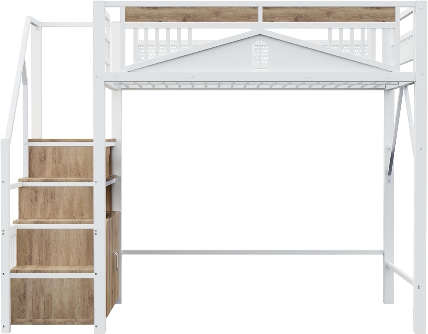 Front view of Merax Metal Cabin Bed showing the ladder with integrated storage