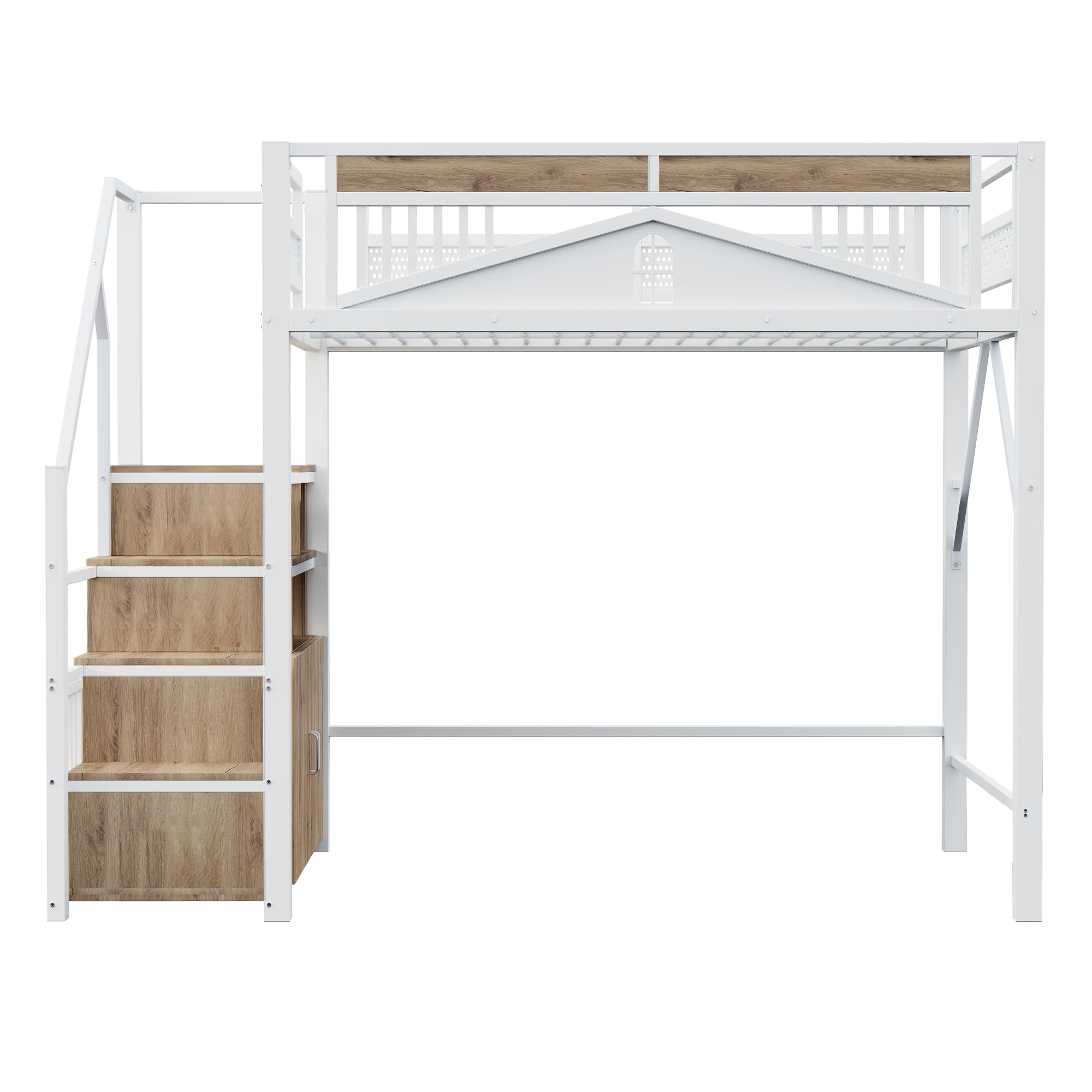 Merax Lit Haut en Métal 140x200 cm avec Garde-Corps en Métal, Fenêtre, Rangements Intégrés, Blanc (sans Matelas, sans armoires ni Bureau)