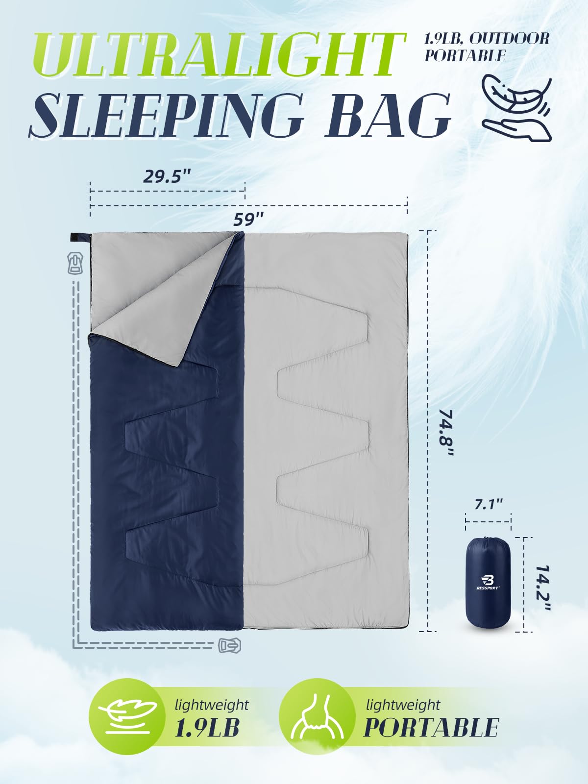 Bessport Saco de Dormir,15℃~25℃ Puede ser 2 en 1 Camping Saco de Dormir para Adultos o niños Un cómodo y Compacto Saco de Dormir Impermeable para Tres Estaciones para Acampar