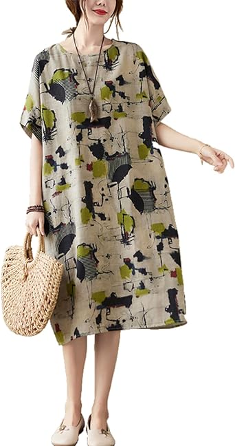 LUZU JUNU Womens Summer Baggy Plus Size Loose Cotton Linen Long Boho Beach Dress with Pockets