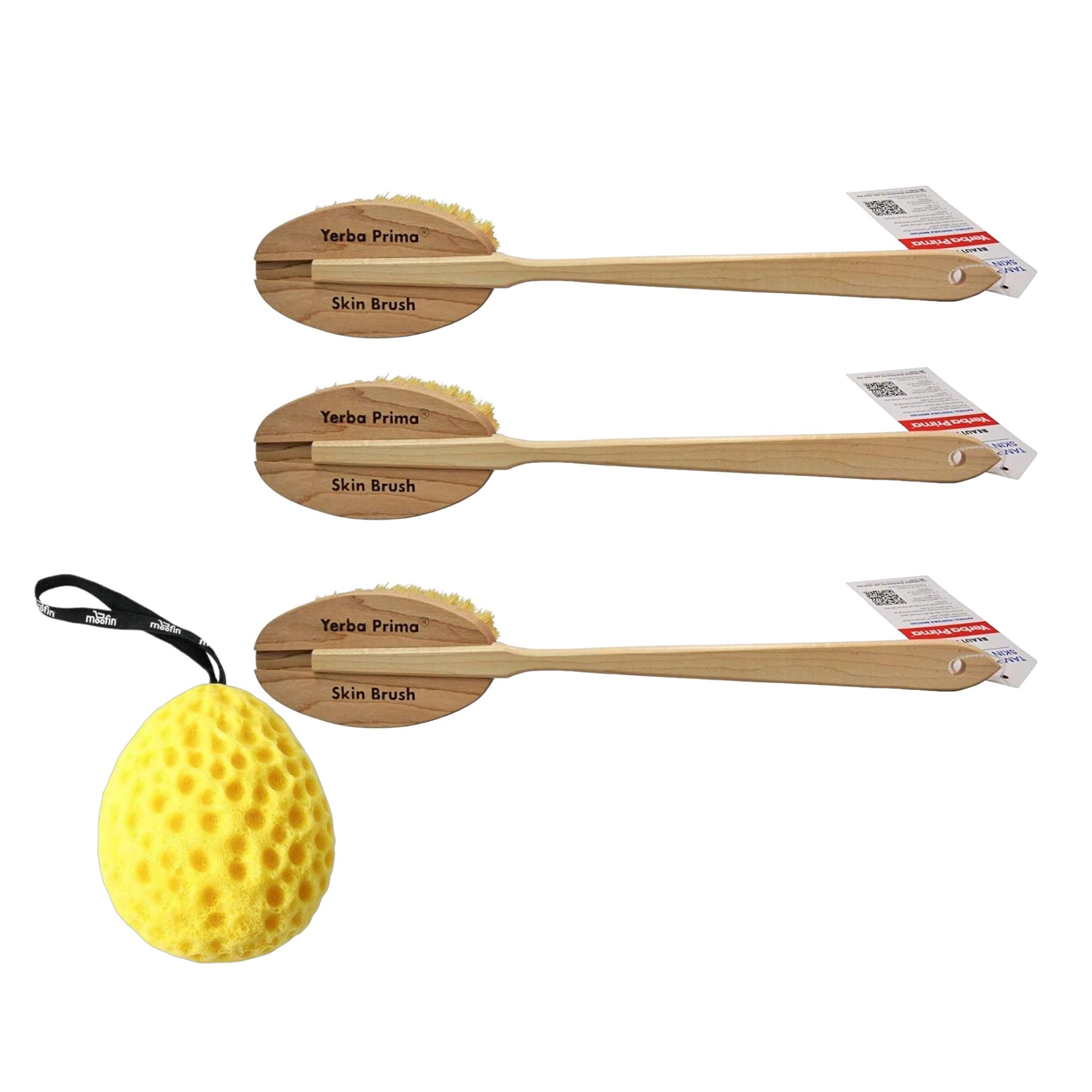 Yerba Prima Tampico Skin Dry Brush, Dry Skin Body Brush for Exfoliating, Natural Vegetable Fiber Bristles, with Moofin Bath Sponge, Deep Cleansing & Multi-Purpose Use, Durable Wooden Handle[Pack of 3