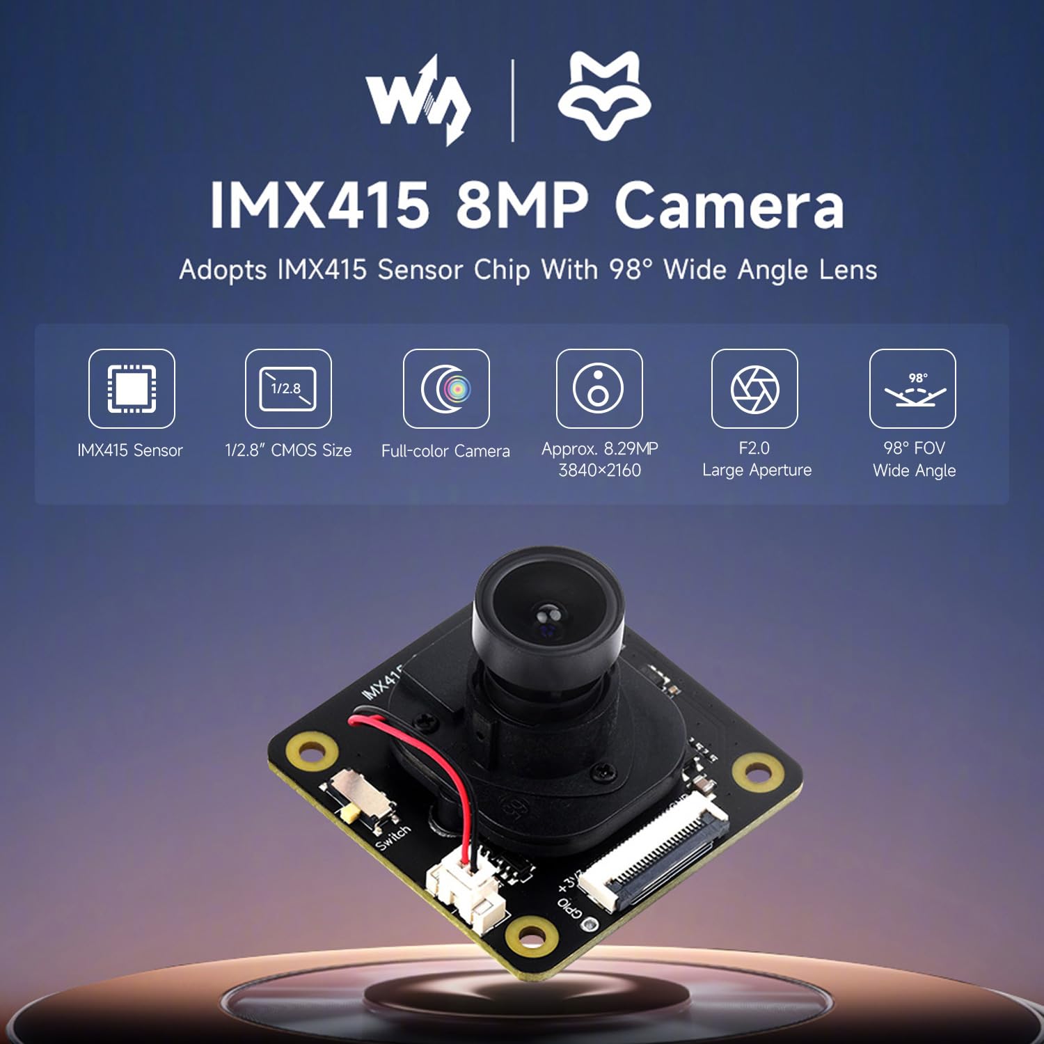 Waveshare IMX415 8MP Camera Module, Adopts IMX415 Sensor Chip with 98° Wide Angle Lens, Good Low Light Performance, and Low Distortion, Suitable for AI Applications