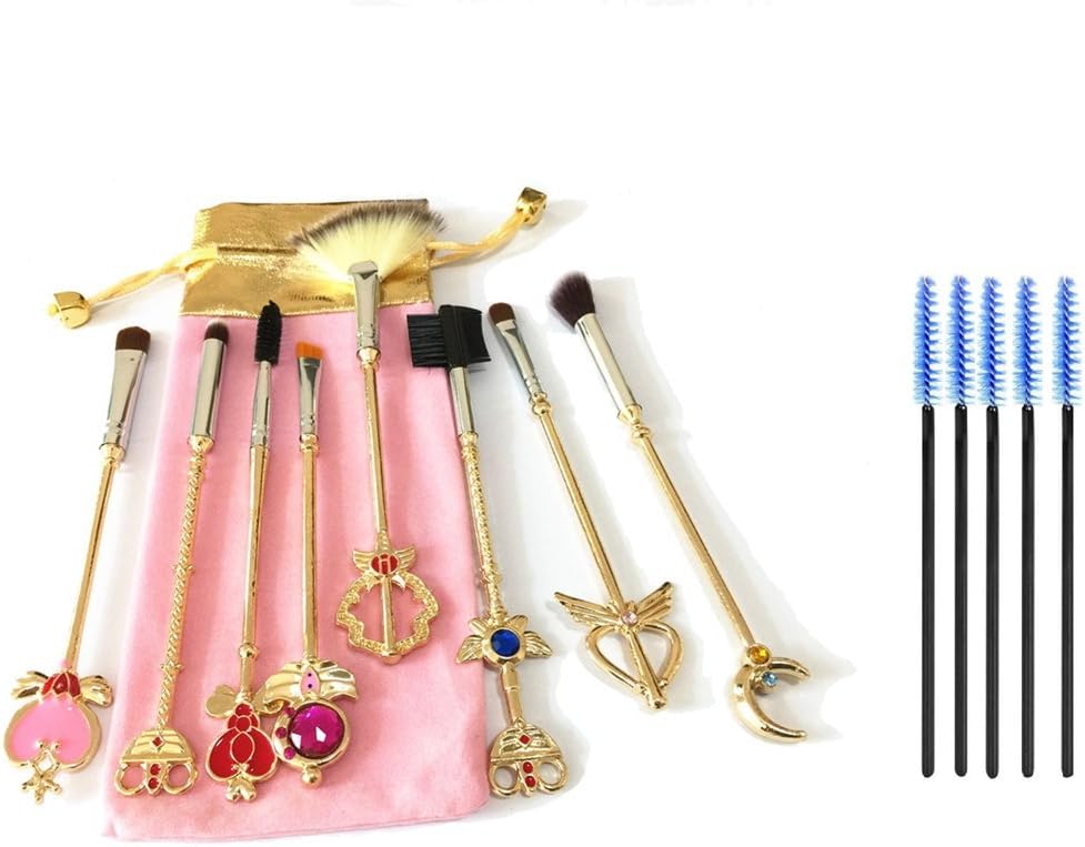 Dilla Beauty 8Pcs/lot Moon Soldier Makeup Brushes Set Gold Metal Powder Contour Blush Concealer Foundation Makeup Magic Brushes+5 Pcs Blue Eyelash Eyeliner Brushes Beauty Tools Pink Fashion Bag
