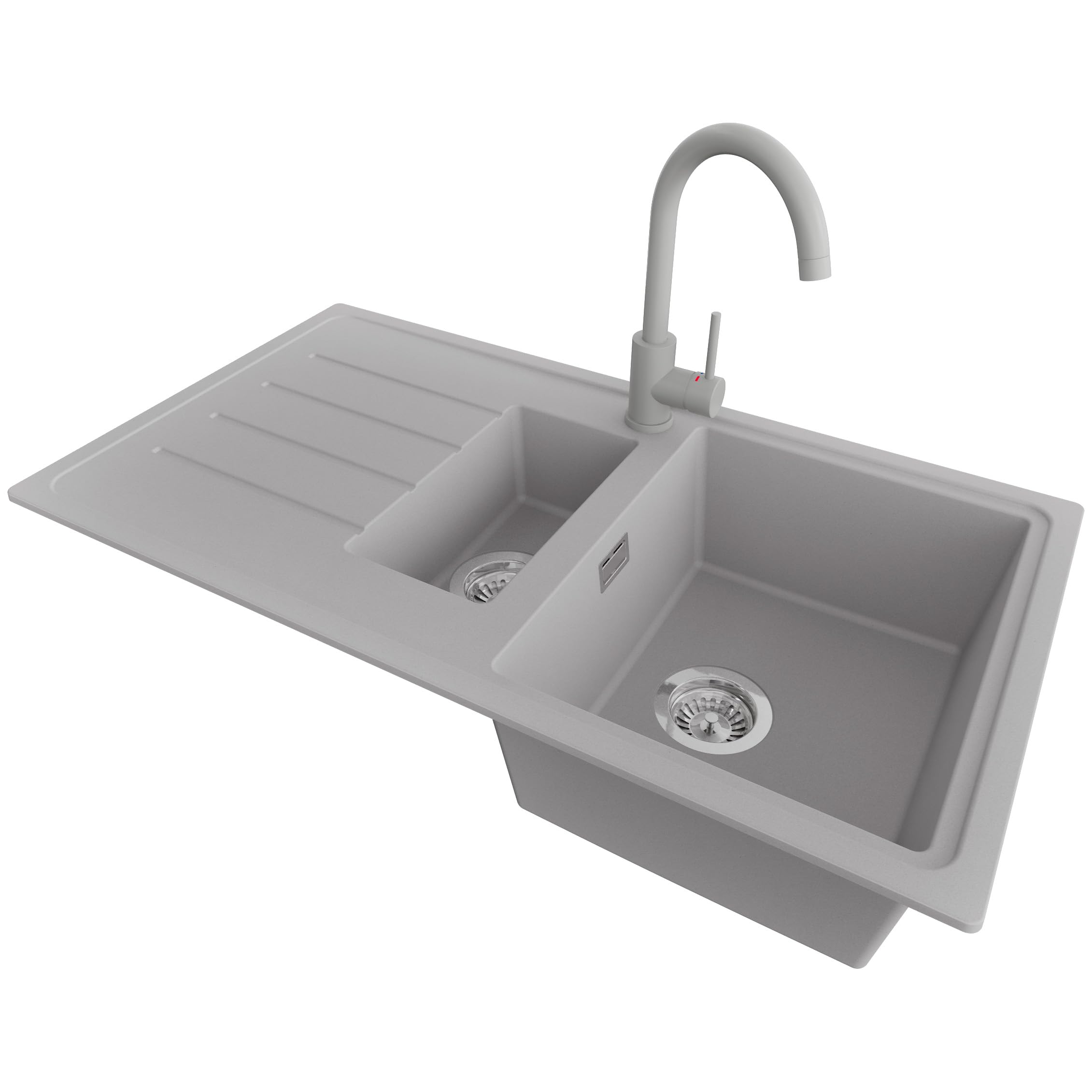PRIMAGRAN Evier Cuisine en Granit Gris 90x50cm, Lavabo 1,5 bacs + Robinet 32x20cm + Kit de Vidage, Évier à Encastrer au Meuble 60cm - Copenhague Duo S015