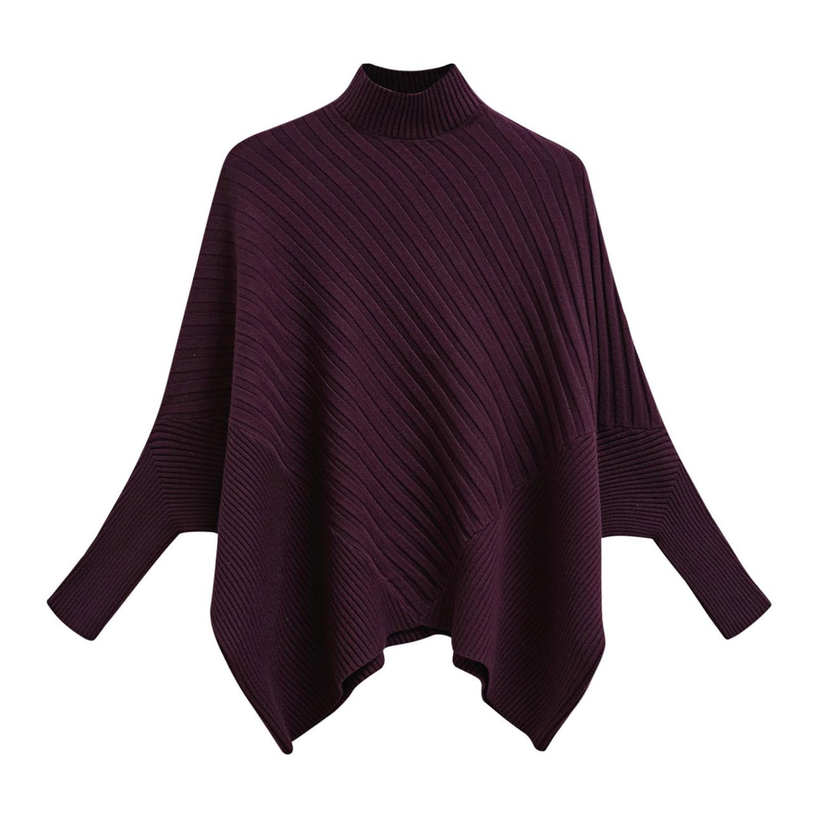 CHICWISH Women Contrast Ribbed Knit Sweater Mock Neck Batwing Sleeve Oversized Pullover Tops Casual Cape Poncho