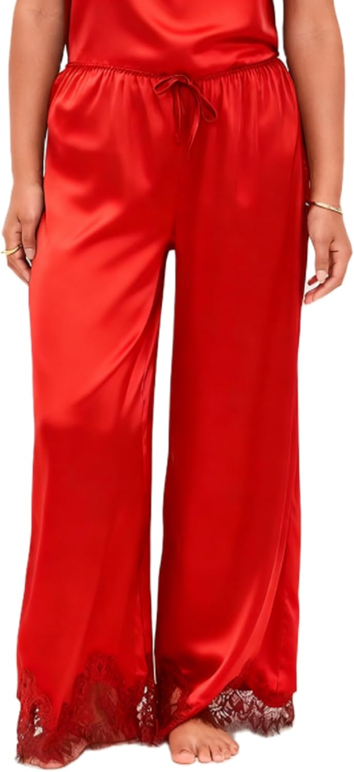 Womens Silk Satin Pajama Pants Casual Elastic Waist Wide Leg Pj Bottoms Comfy Lounge Pajama Slip Sleep Pants