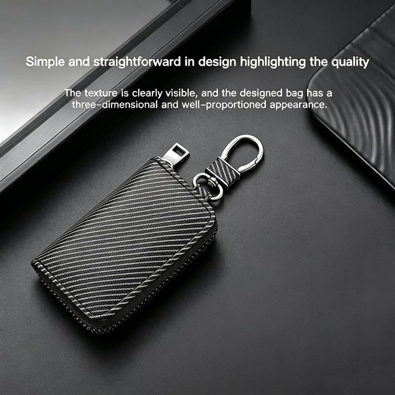 Étui Clé Voiture pour Ford Mustang Mach-E avec Fermeture Éclair Housse Protection Clé Simili Cuir Aspect Carbone Pochette Sacoche avec Mousqueton Métallique Anti Rayure
