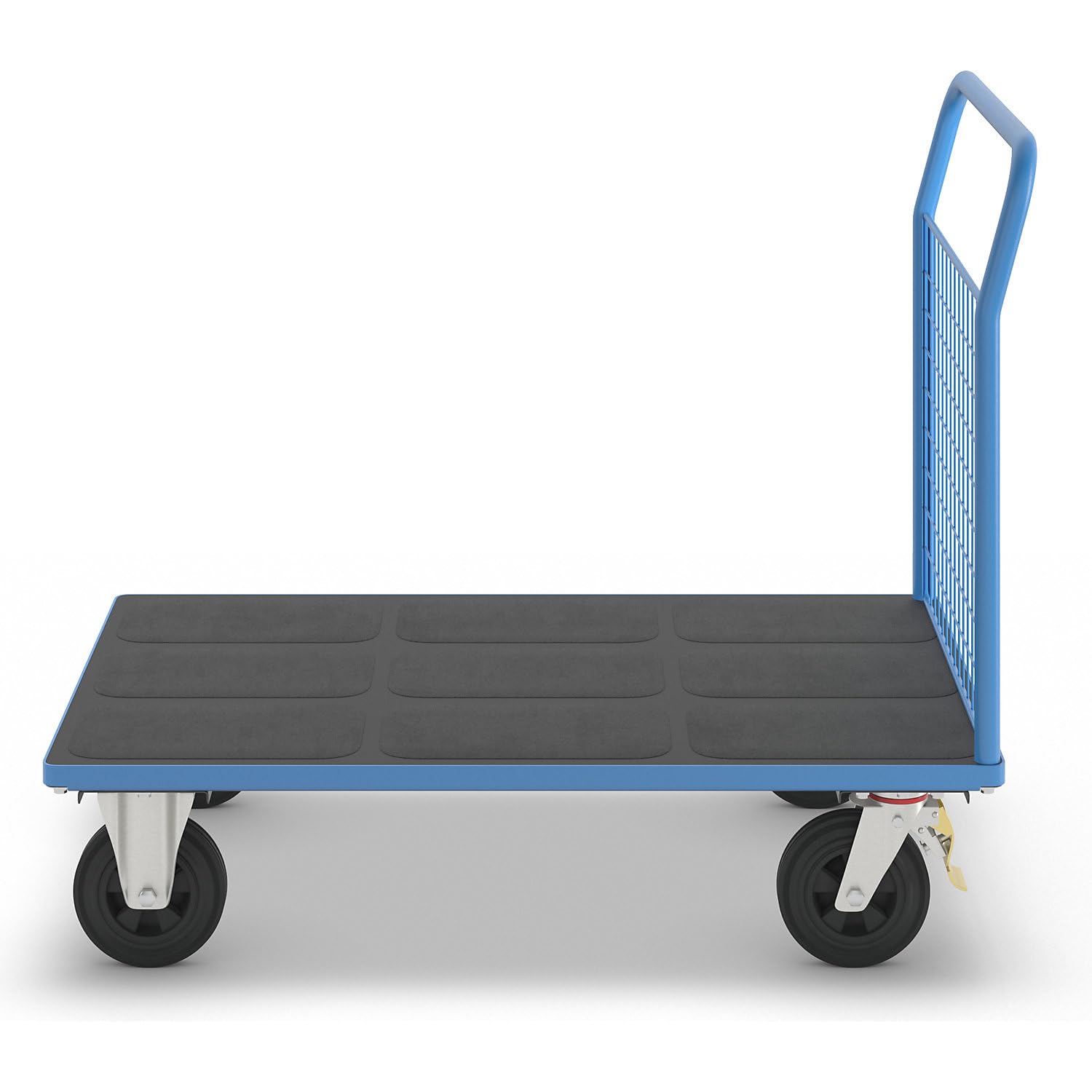 eurokraft | Plattformwagen | 1 hohe Gitter-Stirnwand | LxB 1250 x 800 mm | Vollgummireifen