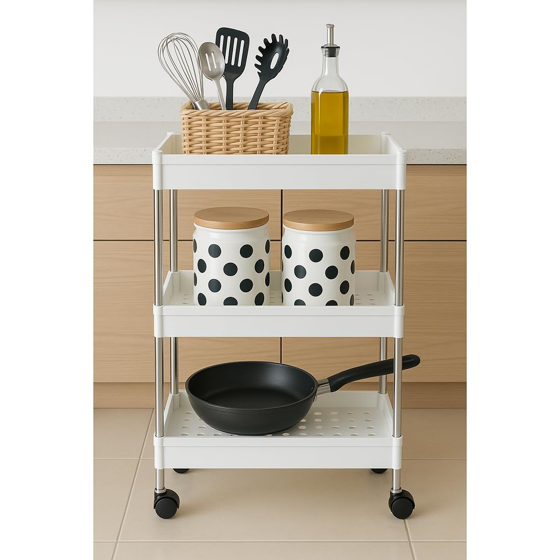 Cortina Heavy Duty Plastic Storage 3 TierShelves for Home Kitchen Garage Bathroom | Multipurpose Tiered Rack Organizer with Wheels | Strong Load-Bearing Modular Storage Unit | 40x22x62-image-6