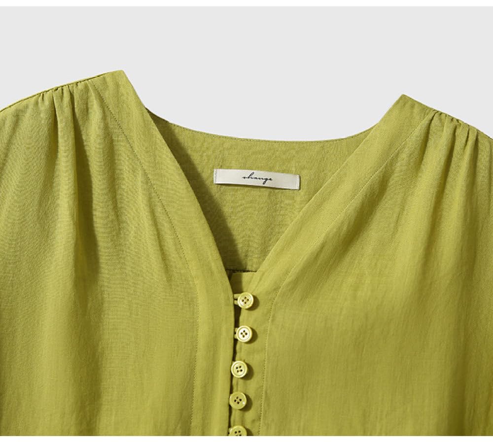 BROLEO Damen Oberteile,Damen-Leinenbluse, Plissiert, Sommer, Ballon-Langarmshirt, V-Ausschnitt, Tops, Elegante Bluse, T-Shirt-Jacke, Lockere Bluse, Tunika, Sweatshirt-Tops Für Damen