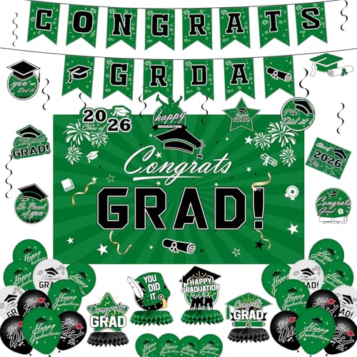 Graduation Decorations 2026 Set - Green Themed Congrats Grad Banner Backdrop Hanging Swirls Balloons - Complete Party Supplies for High School College Graduation Decorations (Green)