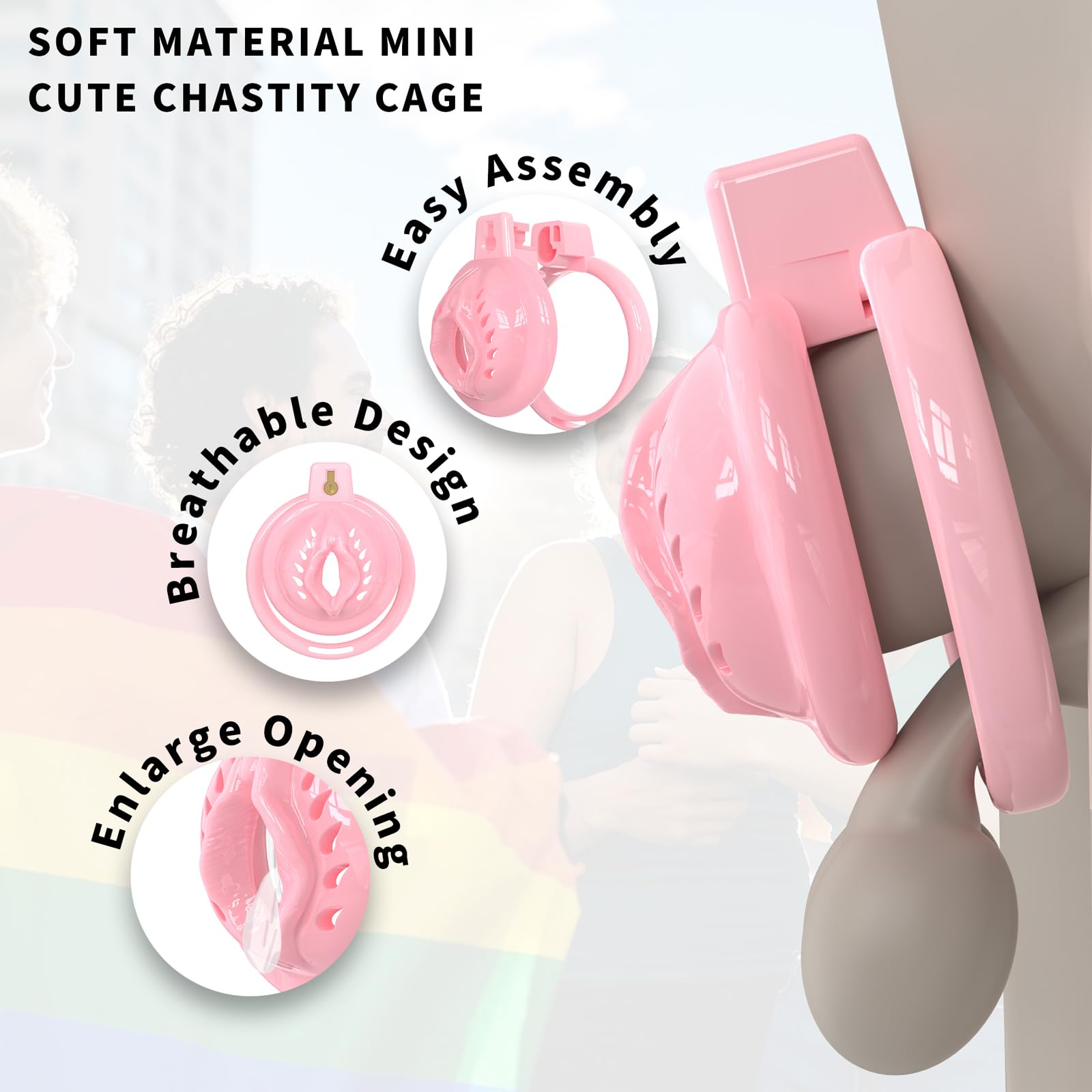Cage de Chasteté pour Pénis de Sissy Sex Toýs Homme Cage de Pénis avec Serrure Dissimulée et 6 Anneaux Différents Petite Chastity Cage en Silicone avec Cathéter pour Bondage le Pénis (Pink,A)