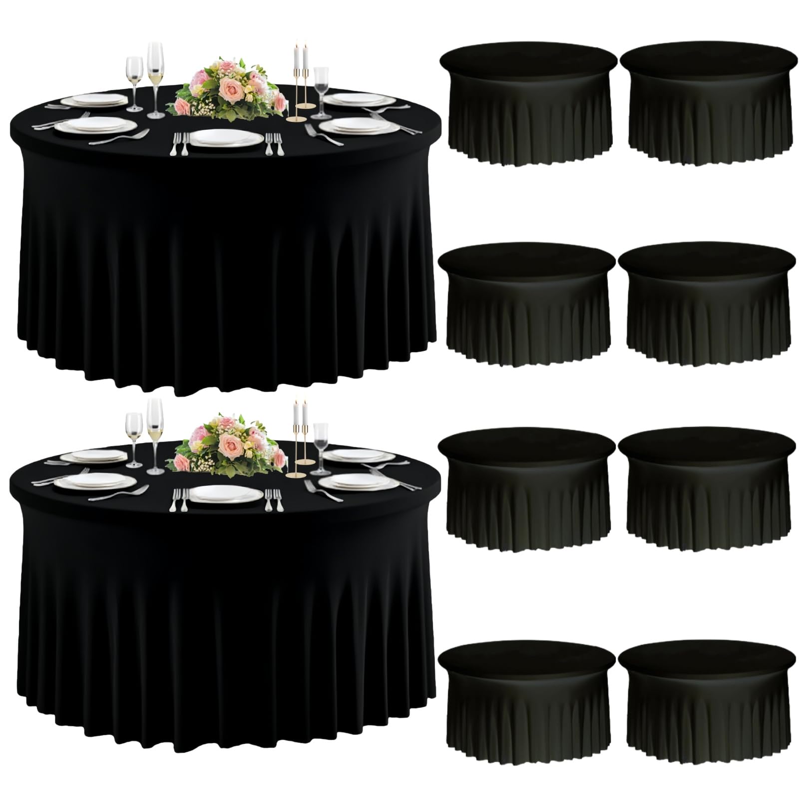 Photo 1 of 10 Pack Black Round Spandex Tablecloths for 60inch Tables, Stretchy 120inch Fitted 5FT Round Table Cloths Wrinkle Free Washable Table Cover with Skirt for Wedding Birthday Party Dining Banquet Events