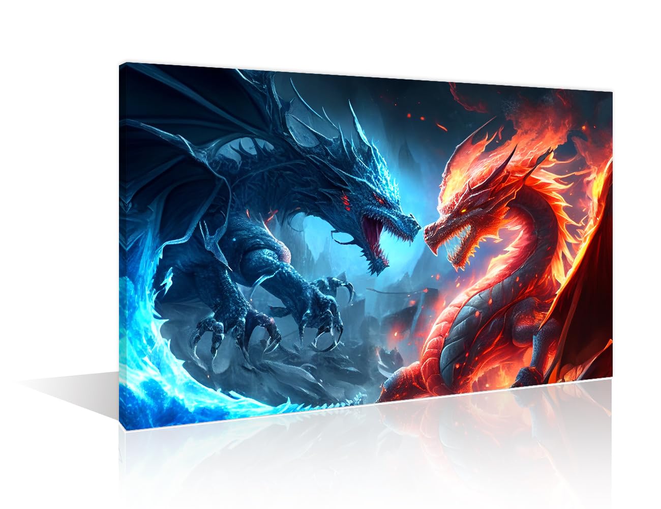 1 Pieces Dragon Poster Home Decor Ice Dragon Fighting with a Fire Dragon Artwork Canvas Paintings Dazzling Dragon Wall Art for Living Room Print on Canvas Framed Ready to Hang (16" Wx24 H