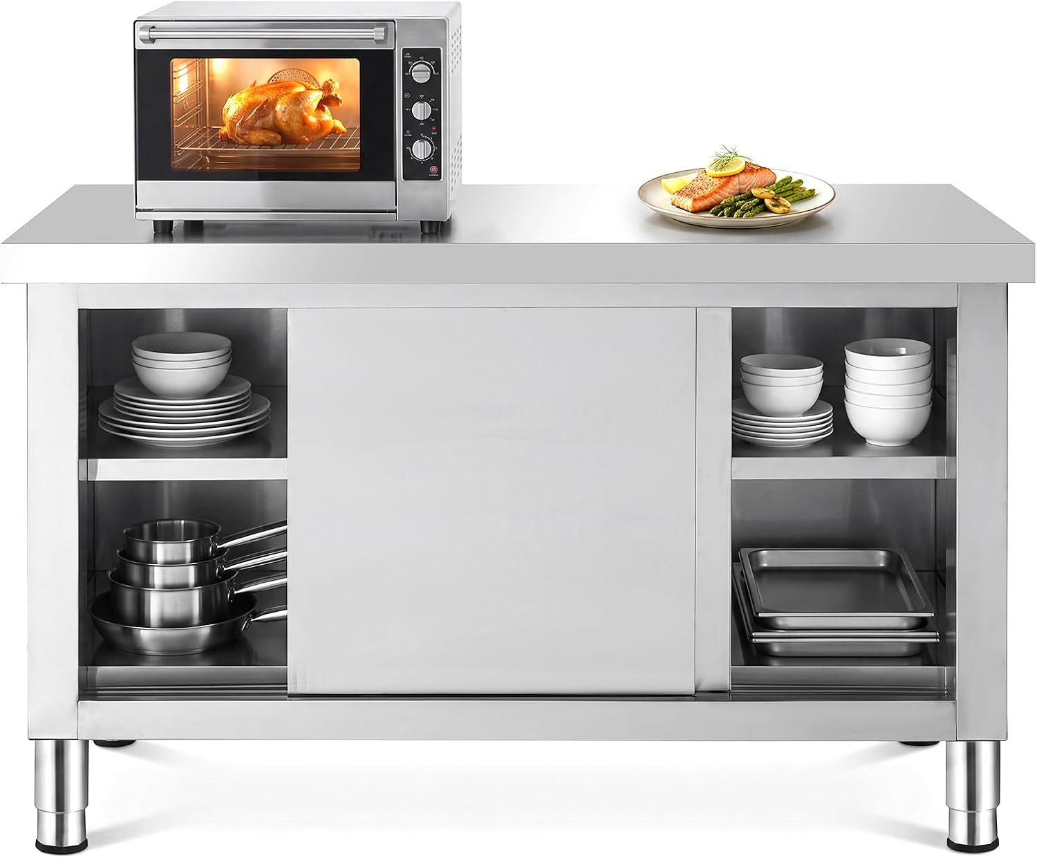 Kitchen Prep Table with Storage, 32" x 20" Stainless Steel Cabinet Commercial Kitchen Work Table, Heavy-Duty Kitchen Island with Sliding Doors for Kitchen Restaurant Hotel Garage Warehouse