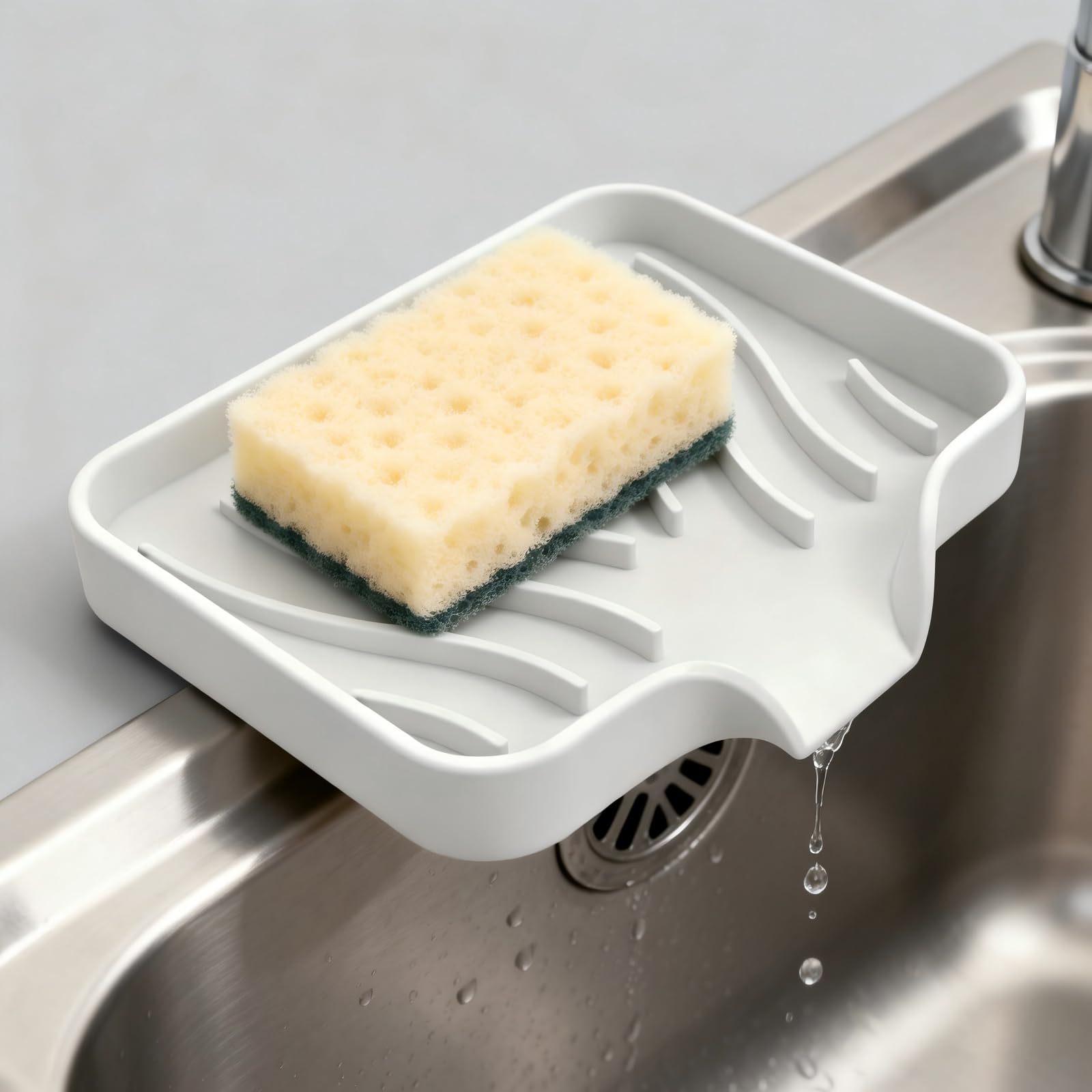 Silicone Sponge Holder for Kitchen Sink - Upgraded Drainage Design & Non-Slip Kitchen Organizer, Space-Saving Sink Caddy for Dish Sponges (White)