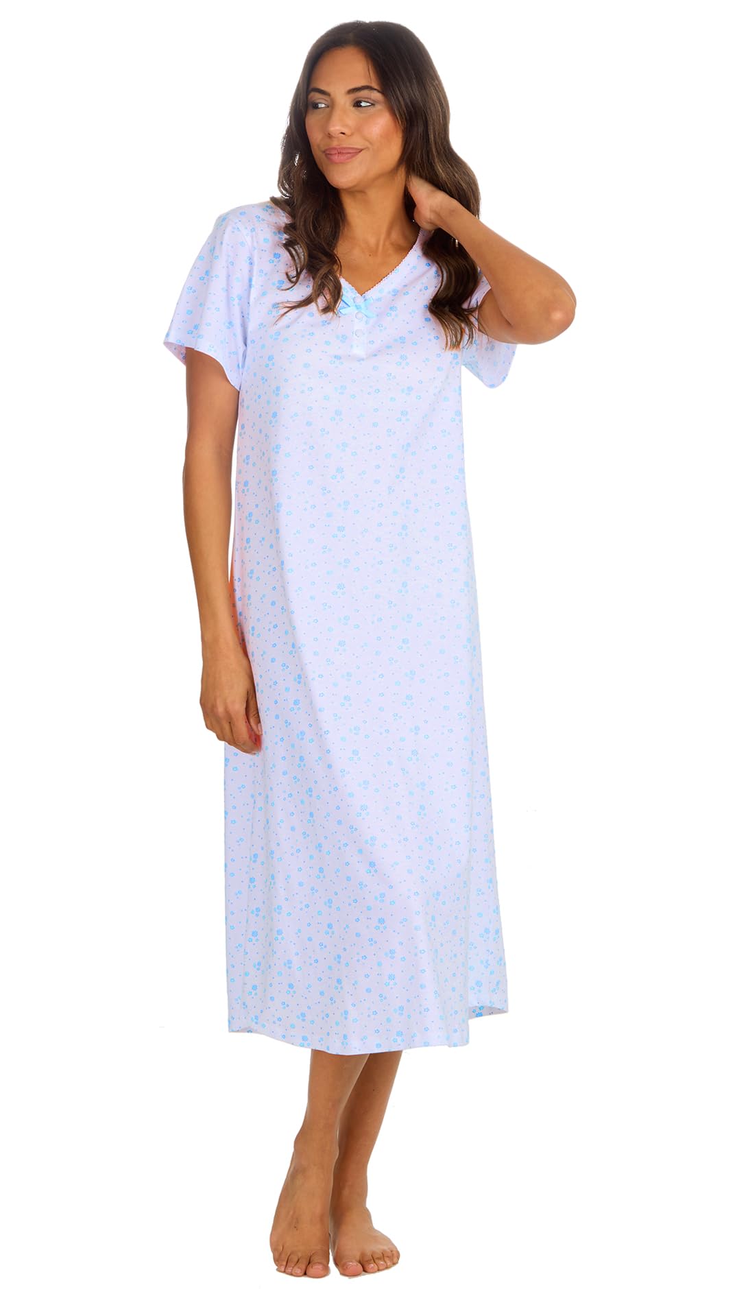 Nikaro Women's Blue 100% Cotton Nightdress Short Sleeves Sleepwear Nightshirt Button Nightgown Sleepwear Summer Sleepshirts(Blue) 22-24