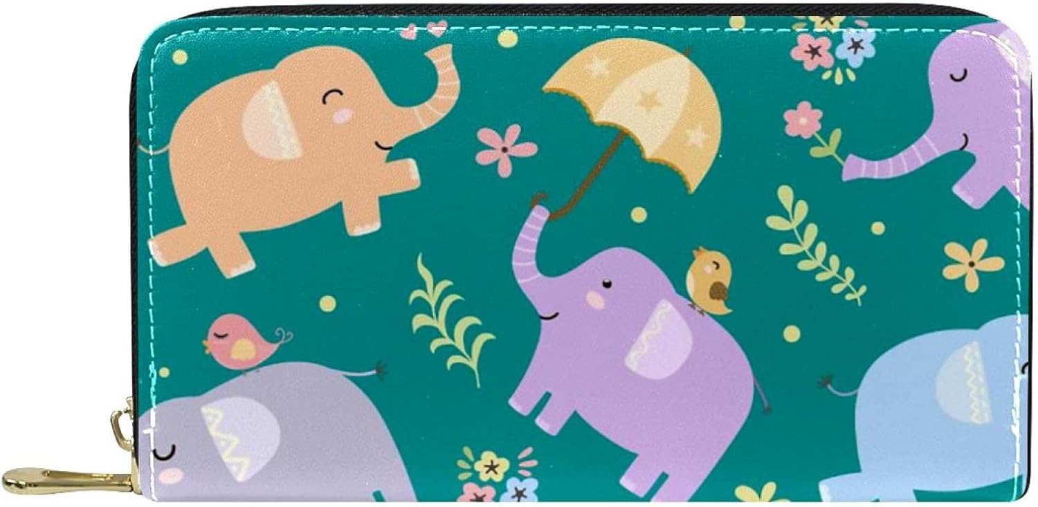 [WOSHJIUK] ラージ ウォレット PU レザー カード ホルダー,漫画の象、女性用と男性用の小銭入れ収納