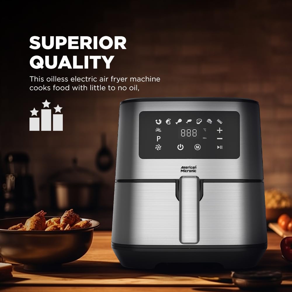 AMERICAN MICRONIC® 6.5 L Digital Air Fryer | 1700W TurboTunnel Fresh Air Technology | 200 °C Max Temp | 60-Min Timer | 8 One-Touch Preset Menus | Healthy Oil-Free Cooking