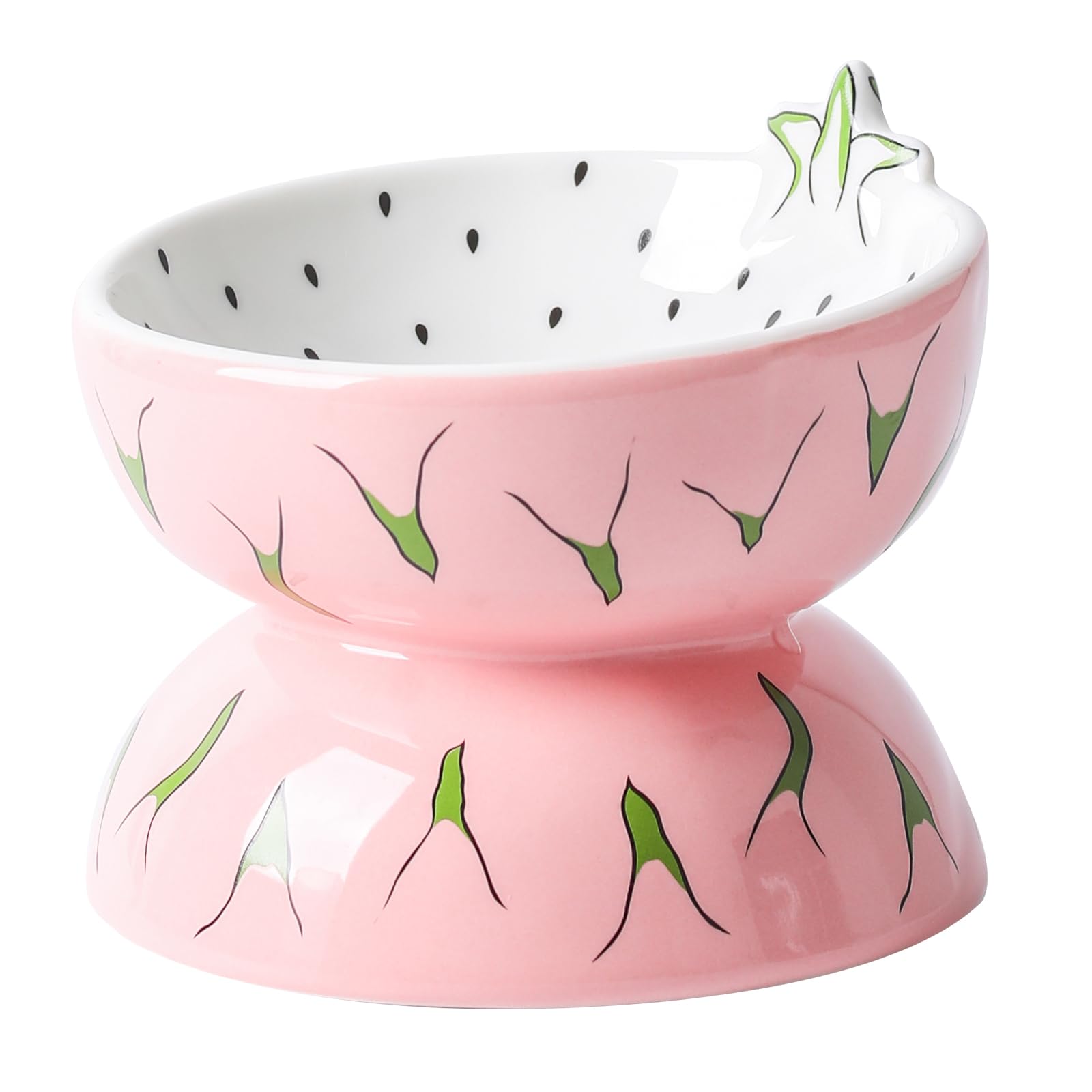 TIGOADT Raised Cat Food Bowl with Stand, Elevated Ceramic Cat Dish, Shallow Anti Vomit Tilted Pet Feeder, Anti Whisker Fatigue Neck Protective Kitten Bowl, Cute Dragon Fruit, Dishwasher Safe (Pink)
