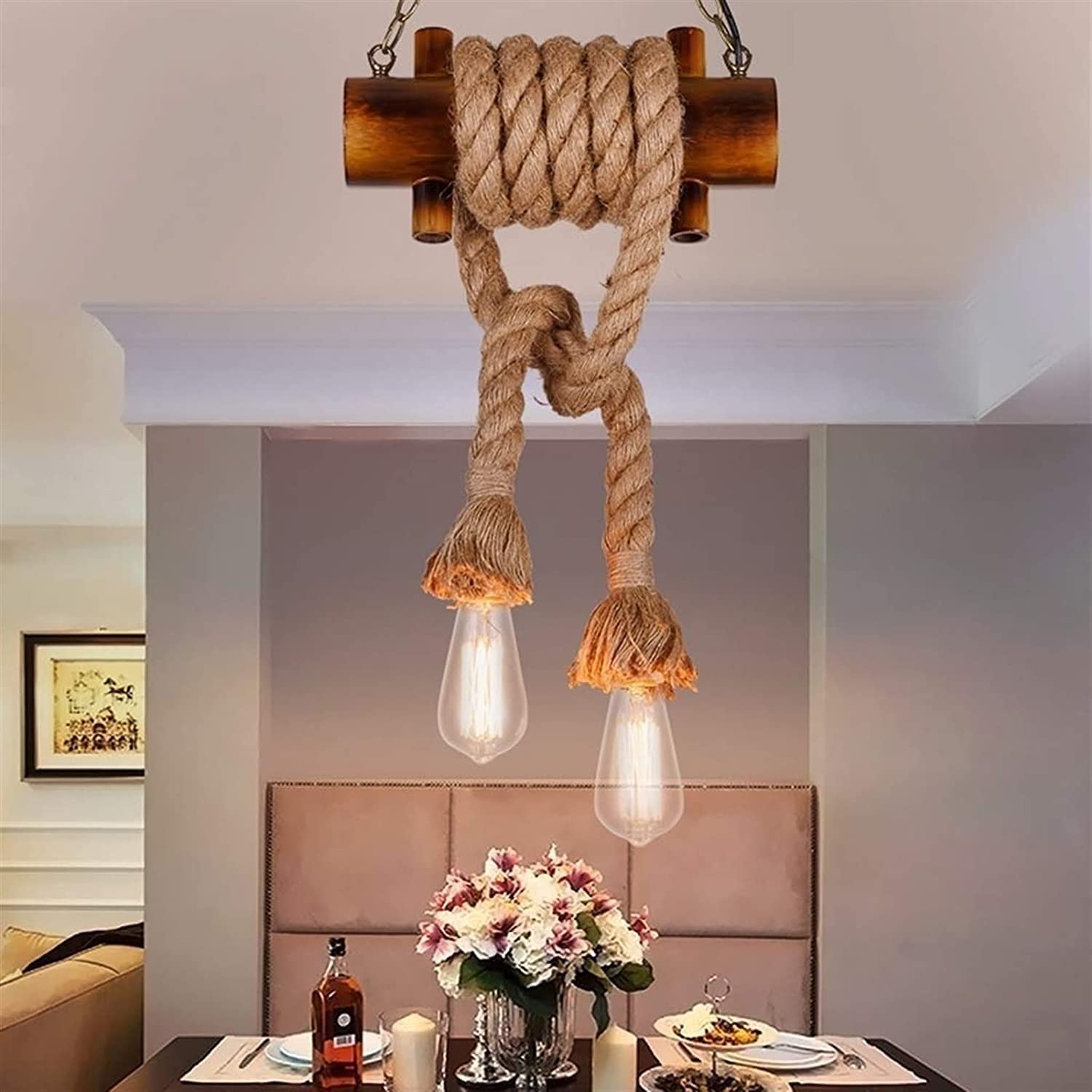 BLOOHK Industrial Hemp Rope Pendant Light, Rustic Wood Beam Chandelier with 2-Light, Vintage Loft Hanging Lamp for Kitchen Island, Dining Room, Bar, Restaurant