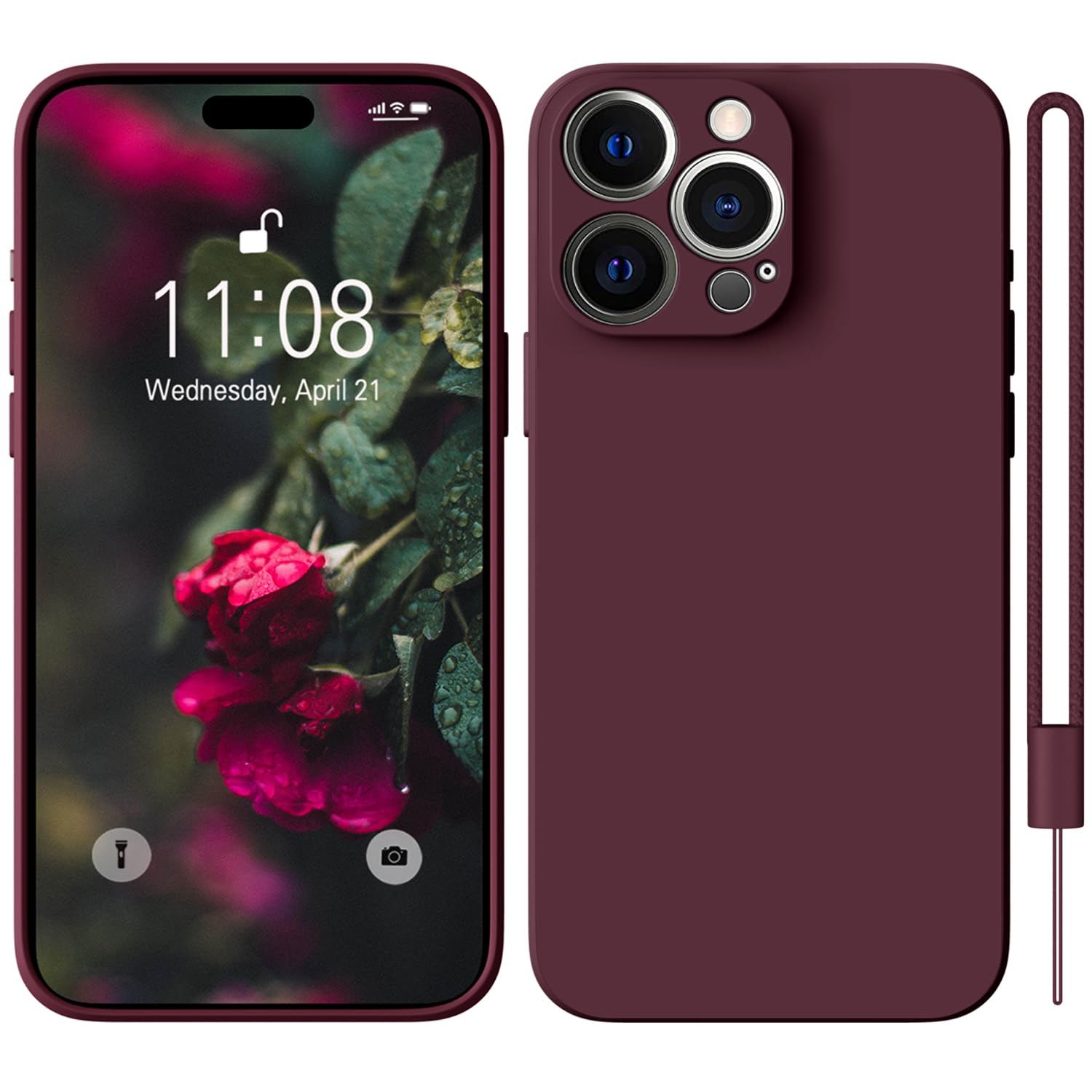 HGH iPhone 15 Pro Case Silicone With Lanyard, Slim All-Around Protection, Microfiber Lining, Scratch Resistant for 6.1 Inch - Deep Red