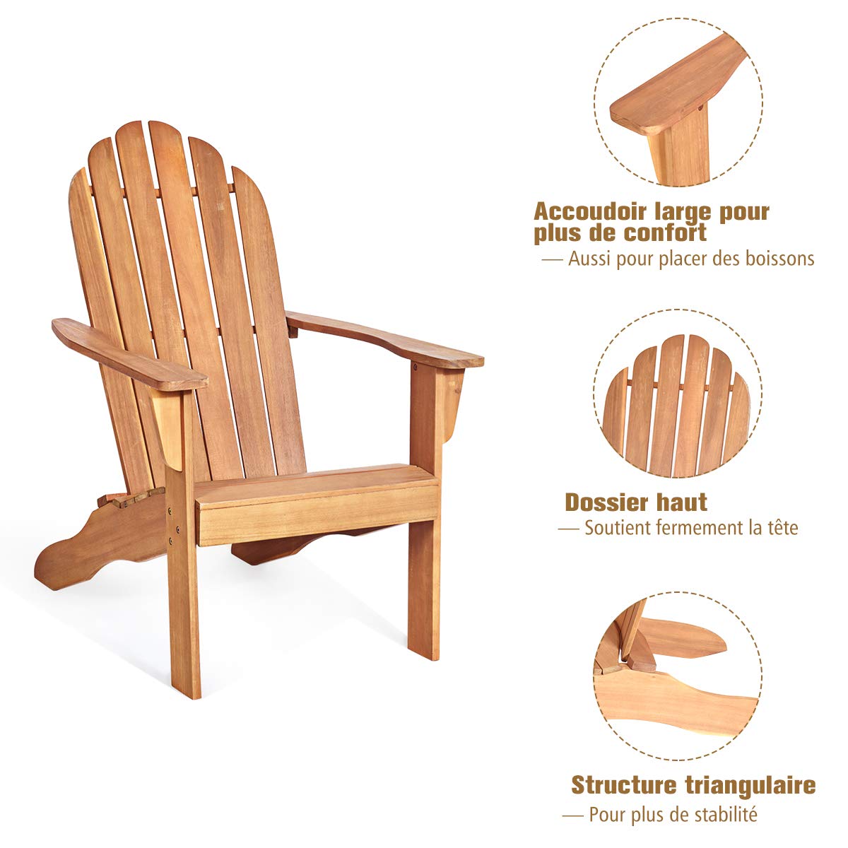 GOPLUS Fauteuil Jardin Exterieur avec Dossier Incurvé, FSC 100%,Fauteuil Adirondack en Bois Massif, Chaise Adirondack, Charge 180 kg, Idéal pour Jardin, Terrasse, Piscine (69x88x103CM,Naturel,1)