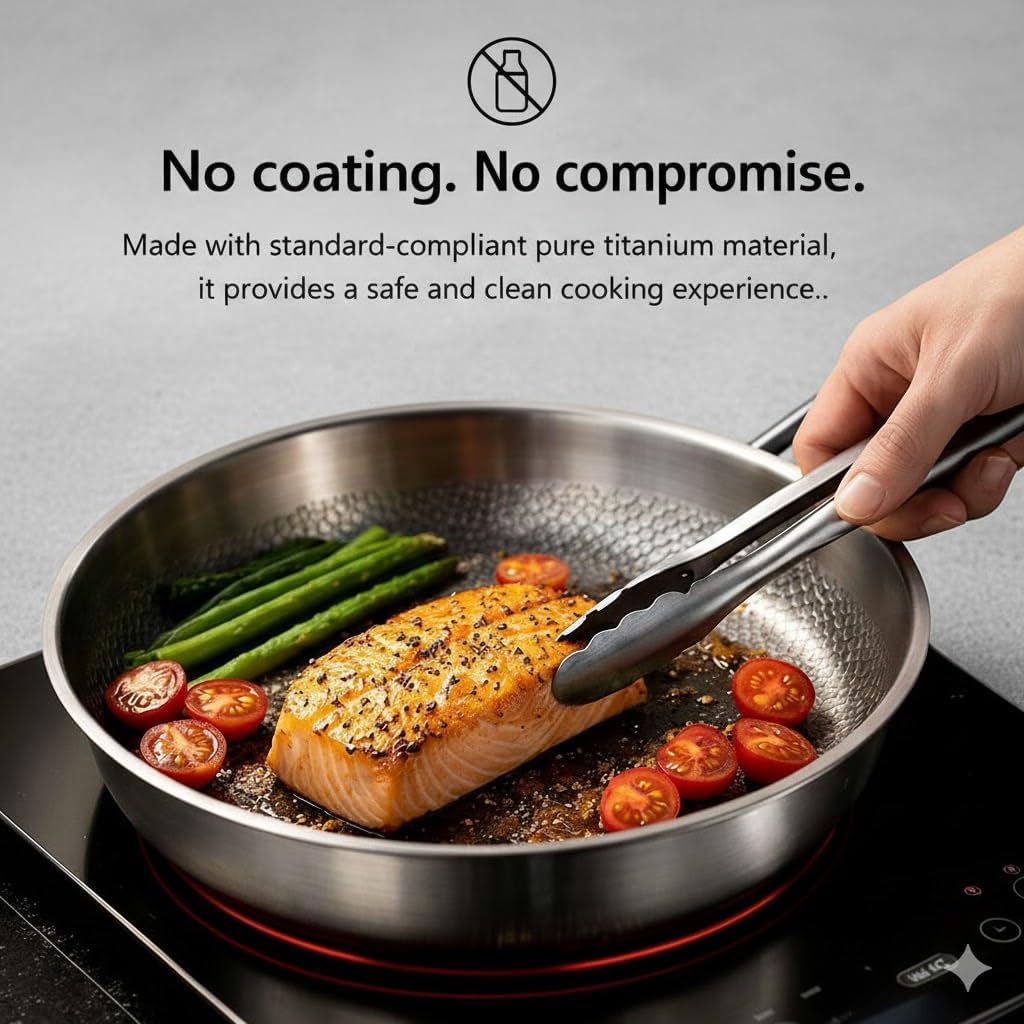 Titanium Pan, 2026 Upgrade Pure Titanium Classic Pan with Lid and Spatula, Scratch-Resistant, No Coating Nonstick Frying Pan for Cooking, Professional Grade Kitchen Essentials (With Lid, 11.02in)
