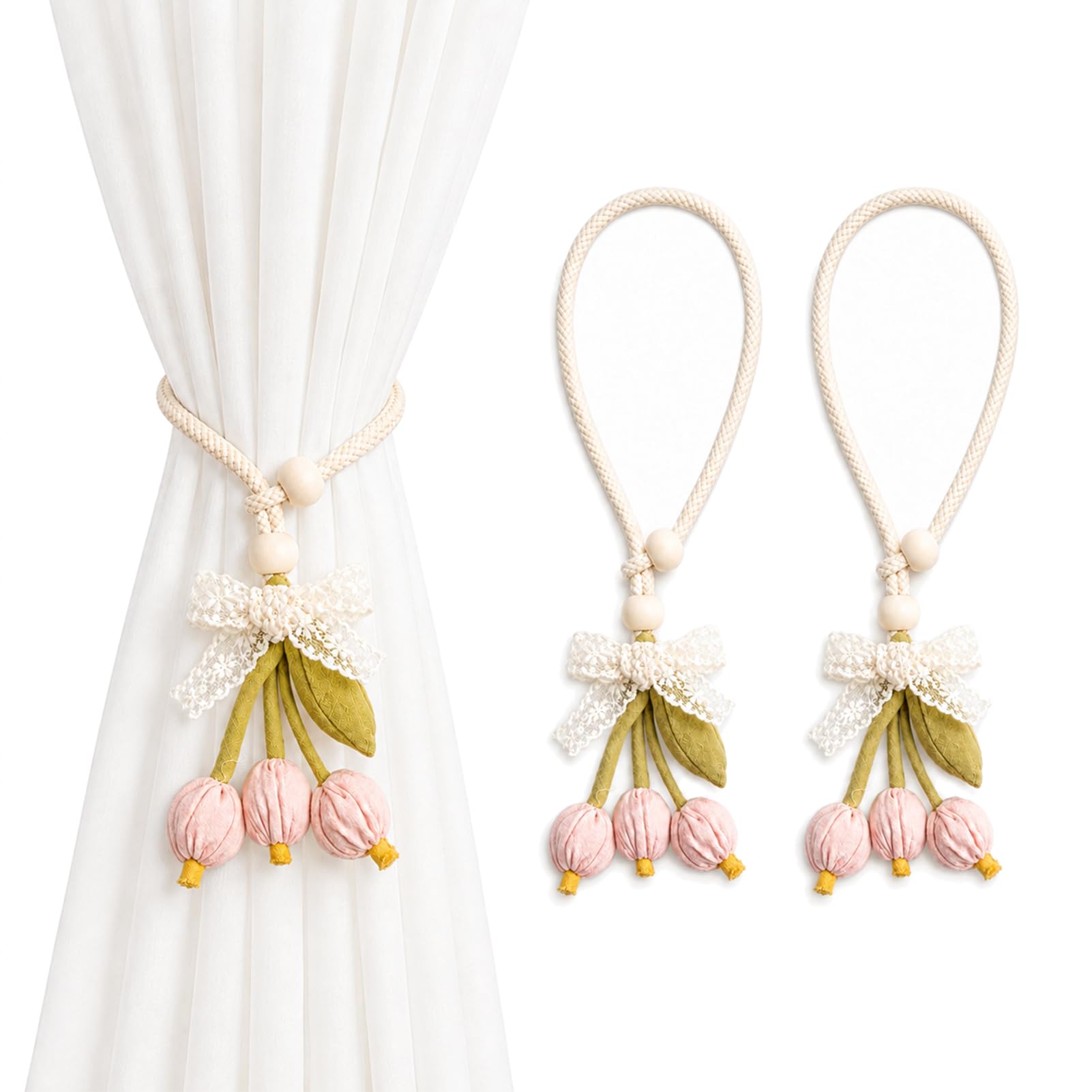 Set of 2 Pink Floral Curtain Tie Ropes Tulip Adjustable Beads Lace Bow Curtain Tiebacks Elegant Boho Decor