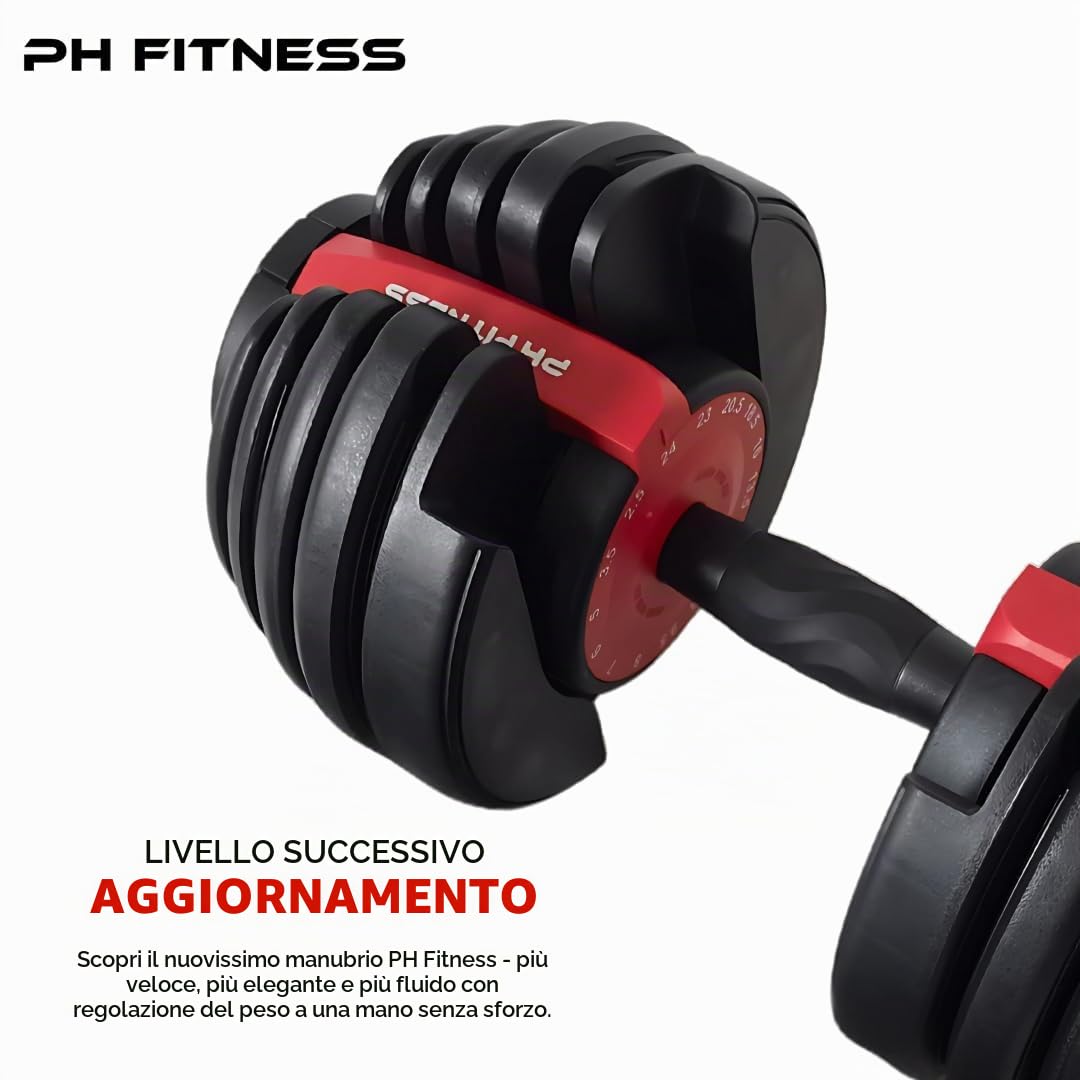PH Fitness Manubrio Regolabile Premium 24kg – Singolo – 15 in 1 con Regolazione a Una Mano – 2,5-24kg – Compatto e Salvaspazio – Per Allenamento a Casa