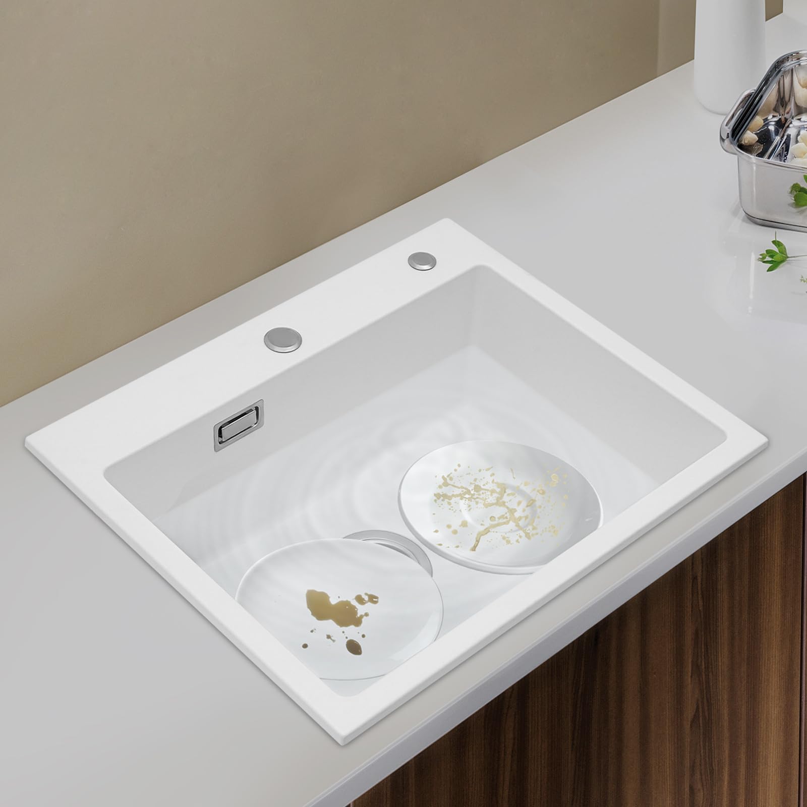 Évier de cuisine, profond, en pierre de quartz, blanc, 1 bac encastrable, capacité de charge d'environ 220,46 kg, bec anti-débordement, pour salles de bains, restaurants, cantines scolaires