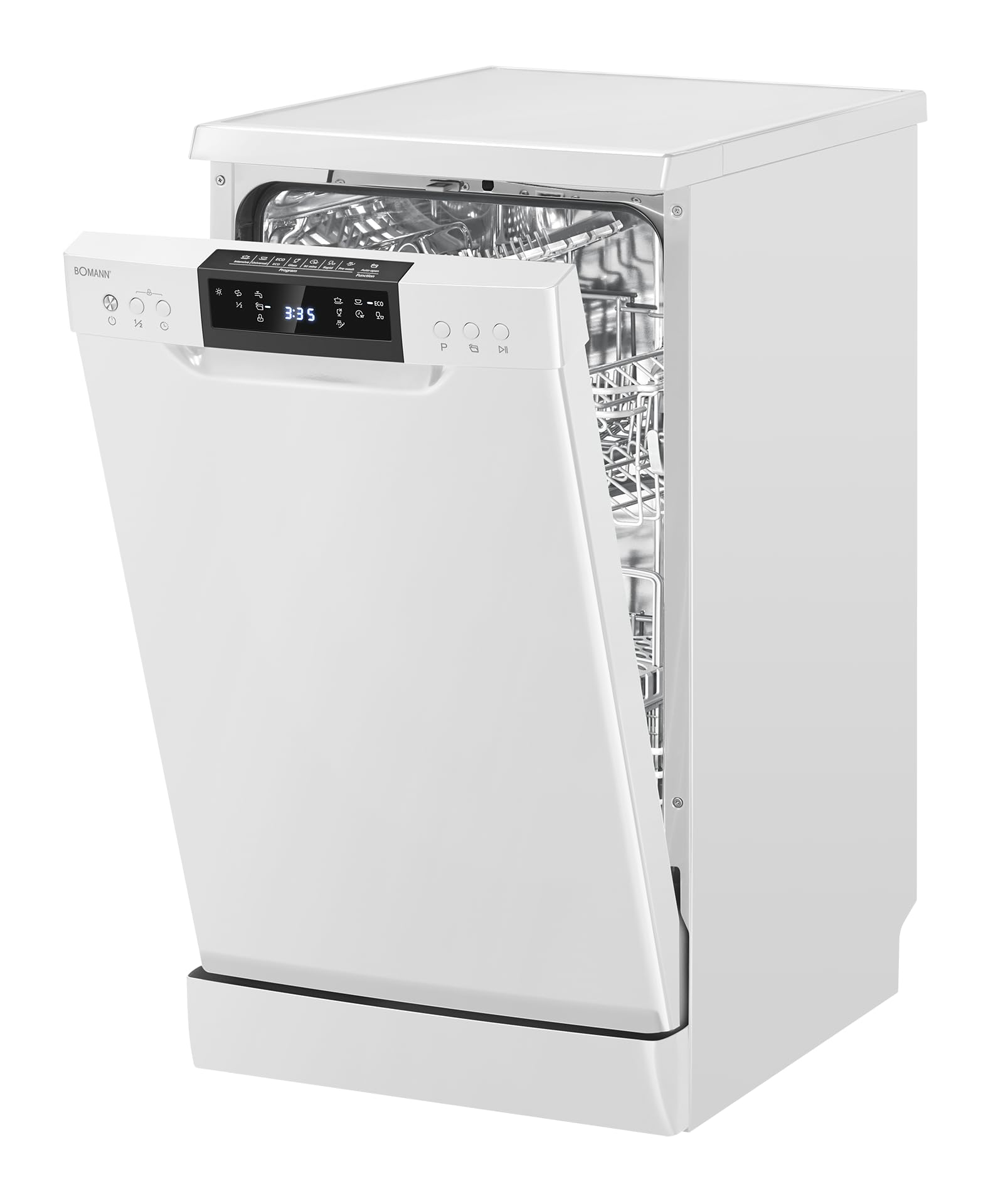 Bomann Geschirrspüler 45 cm | 10 Maßgedecke | Spülmaschine Stand o. Unterbau | 7 Programme & 2 Sprühebenen |Dishwasher mit Startvorwahl | Geschirrspüler unterbaufähig | LED- Display | GSP 7418 weiß