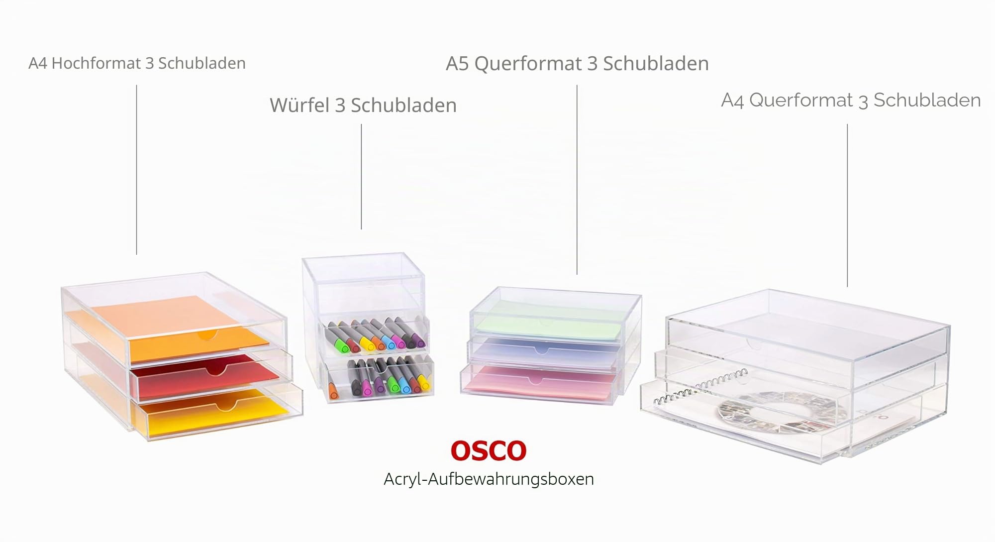 OSCO A3277 Magazin mit 3 Schubladen aus klarem Acryl, Groß, durchsichtig