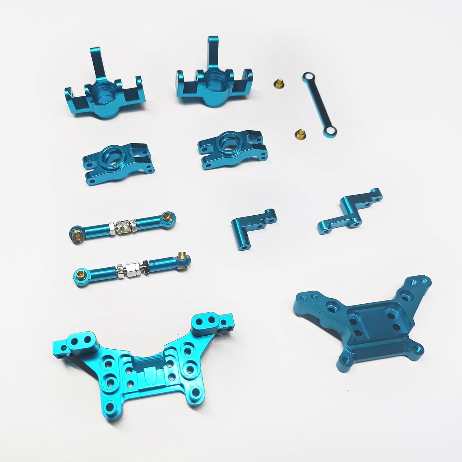 for Hyper Go RC Car Parts, F/R Shock Tower, Front Steering Cup, Rear Hub, Steering Assembly ＆Tie Rod, Metal Replacement Upgrade Parts, for H16BM H16GT H16DR MJX 1/16 Scale RC Car (Blue)
