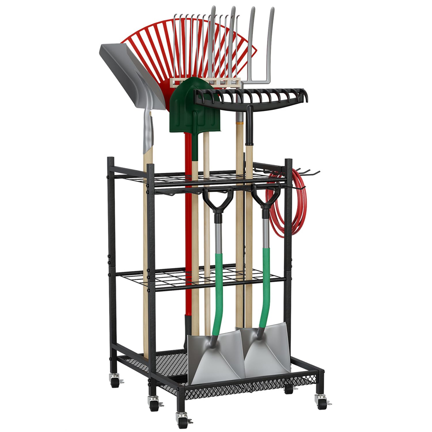 HEEOREV ガーデンツールオーガナイザー ガーデニング 棚 収納 ラック （43x48x80cm）掃除用具 収納 キャスター付き 移動が容易 掃除道具 農具 収納 多機能倉庫 ガレージ、物置、地下室に最適 （ブラック）