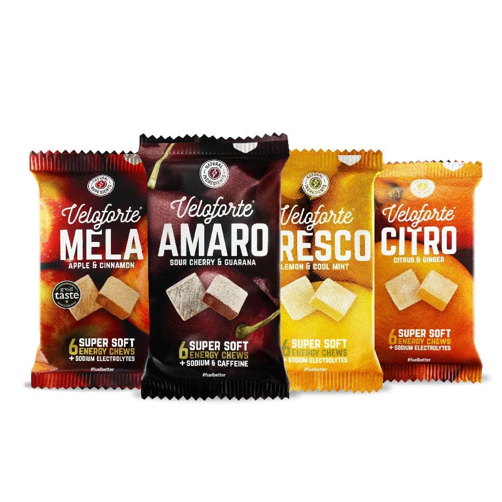 Veloforte Mixed Flavours Natural Energy Chews, 12 Pack, 42g-44g Fast Release Dual Source Carbs with Electrolytes, Vegan & Gluten Free for Cycling, Running, Marathons & Triathlons