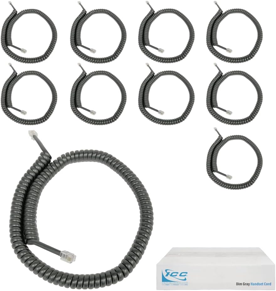 - ICC Telephone Handset Cord/Phone Cord, 12 Ft – RJ9 (RJ22) Connectors, Dim Gray, 10-Pack – Curly Coiled Tangle-Free Design for PBX & VoIP Phones