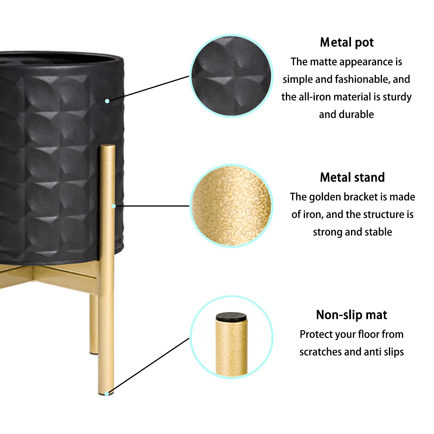 Mid Century Metal Planter, Set of 2 , Modern Decorative Planters for Indoor Plants for Living Room, Office, Garden or Balcony, Black Planter with Golden Plant Stand, 8 inch & 10 inch