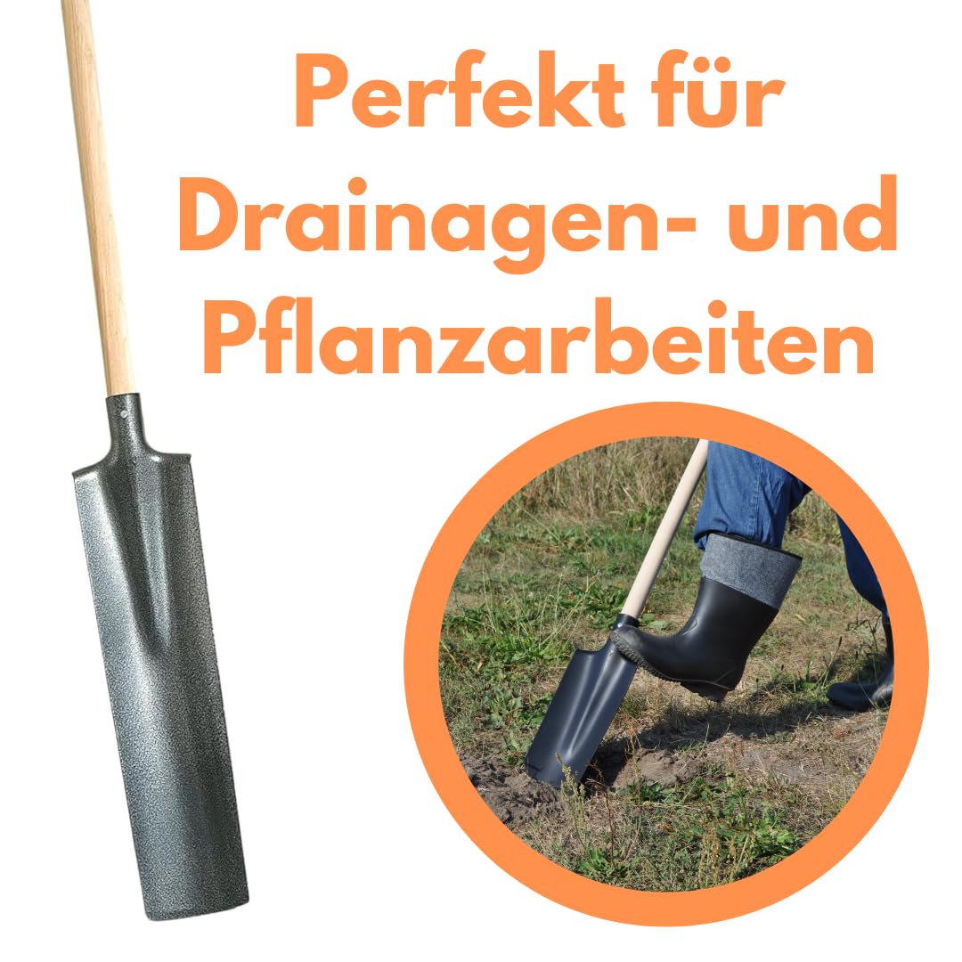 Drainagespaten mit 100cm Holzstiel und T-Griff, Kanalspaten Kabelspaten Bauspaten Gartenspaten Trittschutz, für Drainage- und Pflanzarbeiten, zum Löchergraben und Einpflanzen