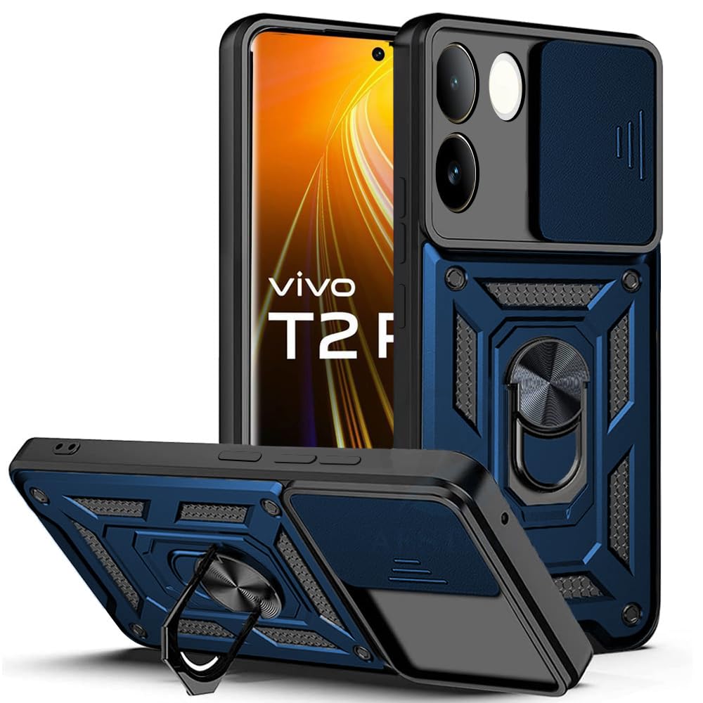 AESTMO Tough Armor Vivo T2 Pro 5G / iQOO Z7 Pro 5G Bumper Back Case Cover | Ring Holder & Sliding Camera Shield Cover | 360 Degree Protection Back Case Cover for Vivo T2 Pro 5G (Blue) (B0D9HF4X24) Amazon Price History, Amazon Price Tracker
